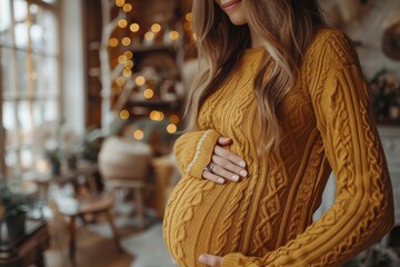 A young, expectant mother caresses her pregnant belly, dressed in a cozy yellow sweater, standing in a warmly lit, festive room with bokeh lights in the background - obrazy, fototapety, plakaty