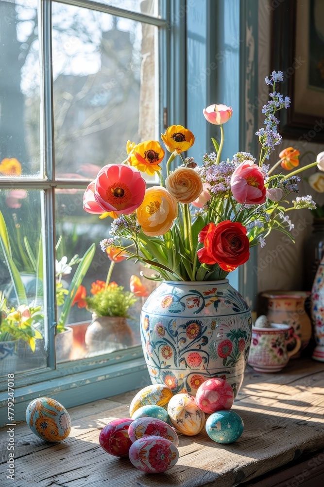 Poster A colorful array of flowers fills a vase, creating a vibrant and lively display of natures beauty