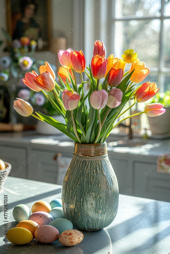 Poster A colorful array of flowers cascades out of a elegant vase atop a table, creating a vibrant and lively display