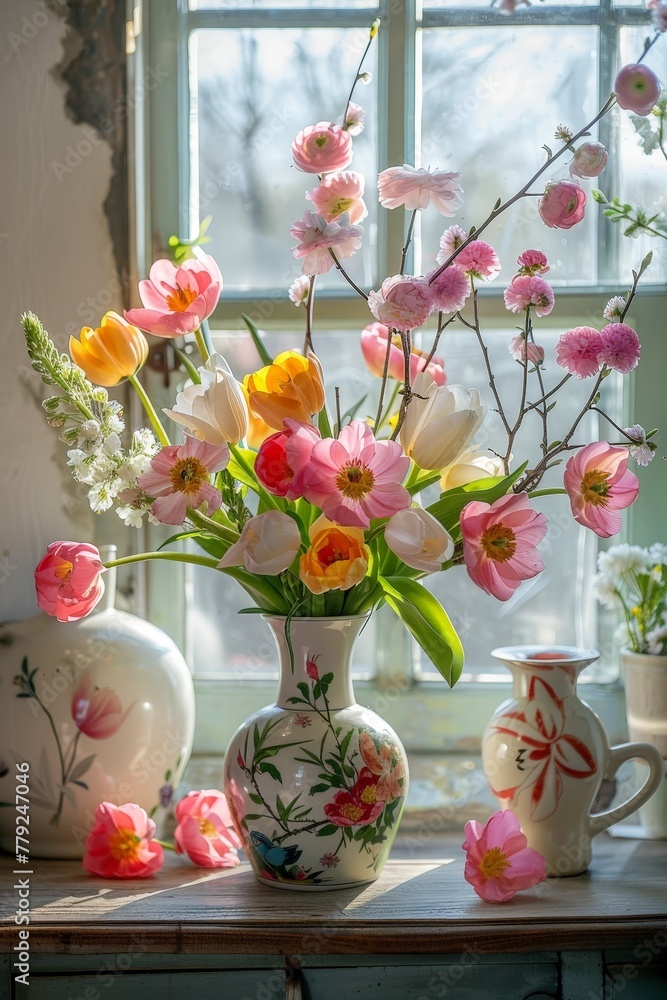 Aufkleber A colorful assortment of flowers overflowing from a vase next to a sunlit window, creating a vibrant and enchanting display