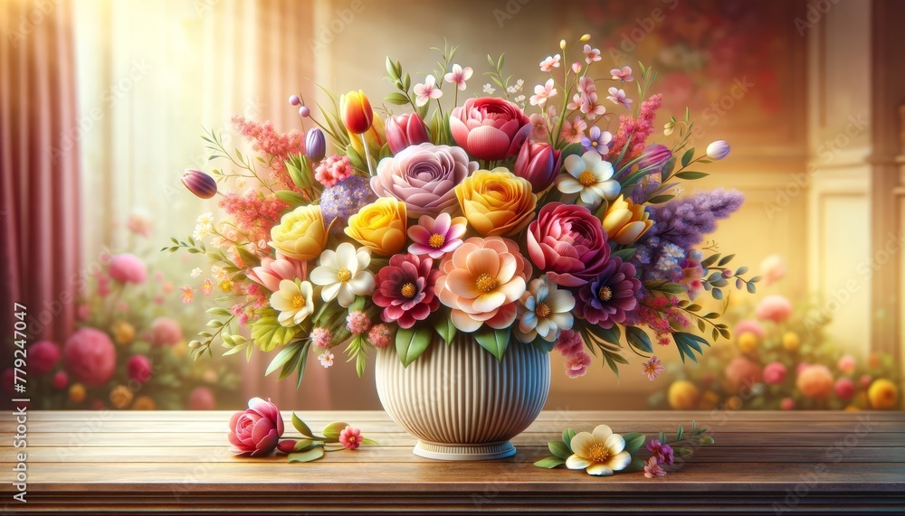 Poster A vibrant collection of multicolored flowers overflowing from a stunning vase, creating a whimsical and lively display