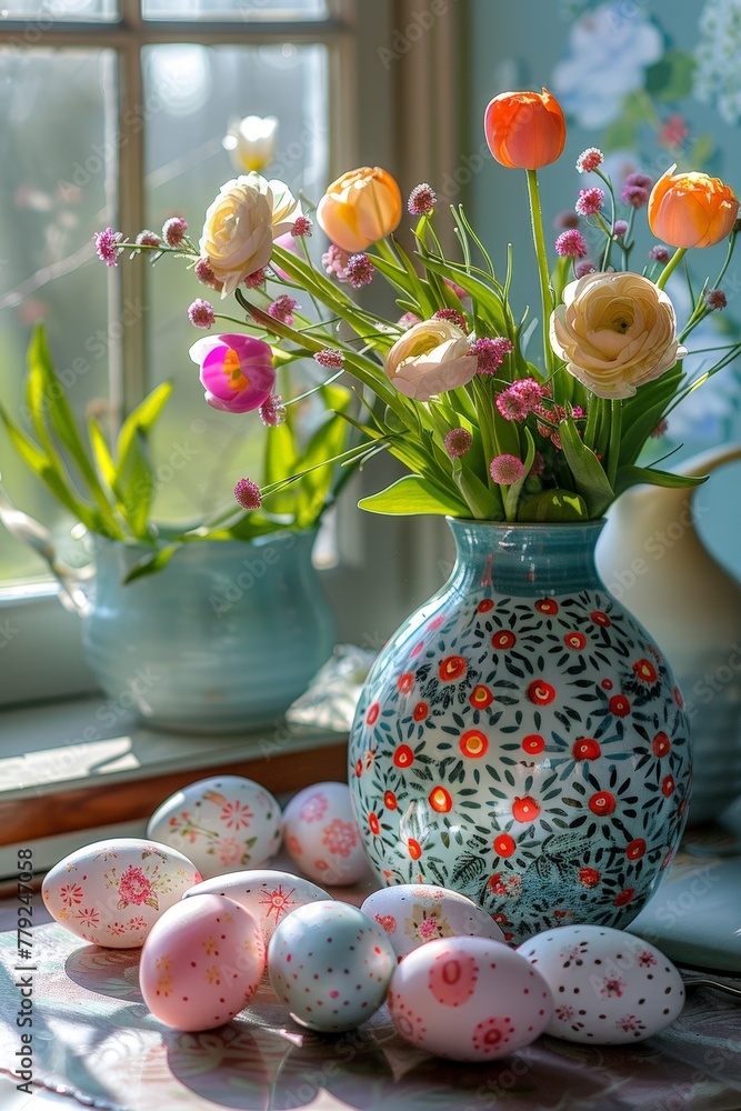 Poster a vibrant vase overflows with an abundance of colorful flowers, sitting elegantly next to a nest of 