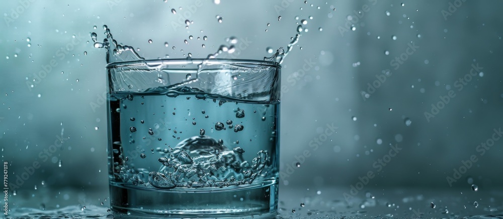 Poster glass filled with clear water and adorned with tiny droplets on its surface, creating a refreshing a