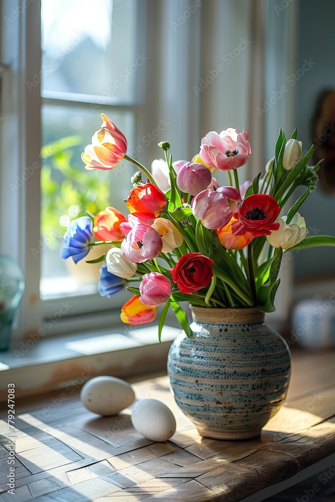 Aufkleber A vibrant vase overflows with an array of colorful flowers, creating a stunning visual display of natures beauty