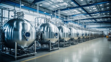 Modern high tech factory producing storage fluid-tanks in a production line. Photograph.