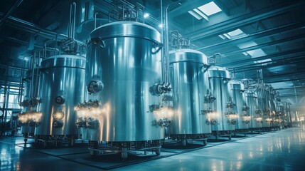 Obraz premium Modern high tech factory producing storage fluid-tanks in a production line. Photograph.