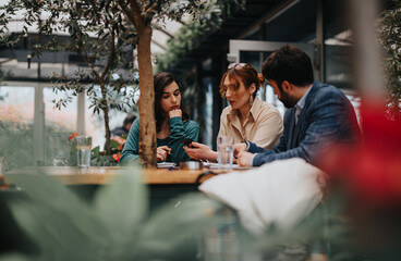 Startup colleagues discuss business strategies while sitting at a trendy cafe, fostering teamwork...