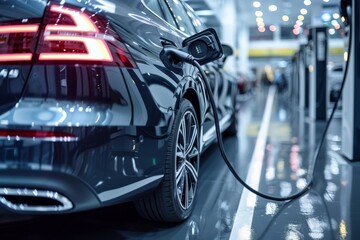 Close-up of an electric car plugged in for charging at a station inside a parking area, with a clear focus on the charger's connection