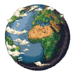 An artistic pixel art depiction of Earth from space highlighting continents, oceans, and clouds in a digital 8-bit style A perfect blend of geography and retro gaming aesthetics - obrazy, fototapety, plakaty