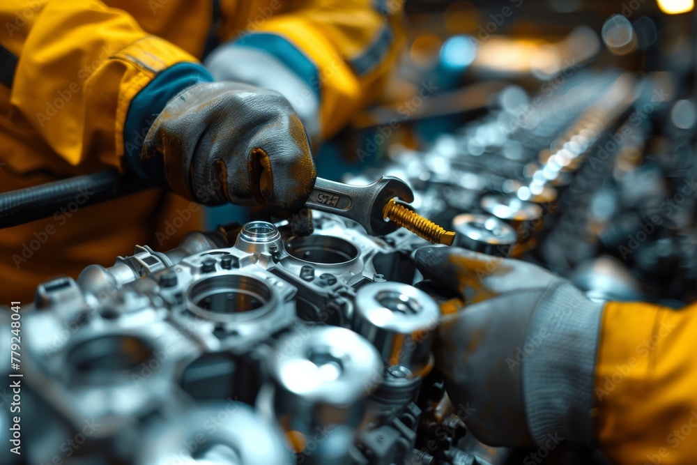Poster a close-up of a mechanic's hands securing a component with a wrench in a machinery setting