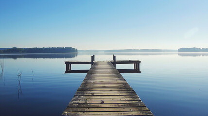 A peaceful lakeside dock extending into calm waters, reflecting the clear sky. - obrazy, fototapety, plakaty