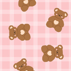 Pink cute kawaii teddy bears with grid texture background, kids seamless pattern background for girl. Wrapping paper childish design, fabric and textile print