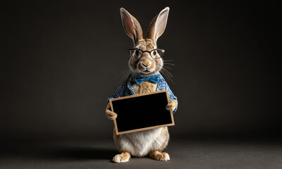 Dapper Bunny in Dress, Tie, and Glasses Holds Blank Whiteboard for Your Creative Needs