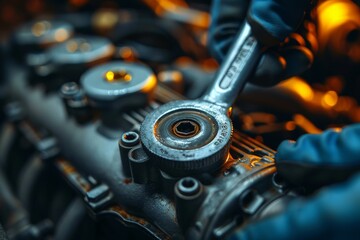 Macro shot of intricate engineering with a focus on a gear within engine parts