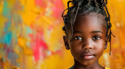 International Day of African Child. Close-up of African child looking at camera with big eyes. - obrazy, fototapety, plakaty