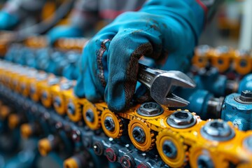 An image of a blue-gloved hand fine-tuning a piece of industrial machinery with a wrench - obrazy, fototapety, plakaty