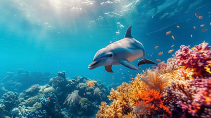 Dolphins with group of colorful fishes and marine animals with colorful corals underwater in the ocean. 