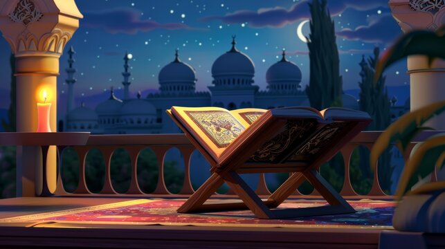 An open book with glowing runes emits a magical aura and sparkles in a warm, inviting room with candles and a window view to a starry night