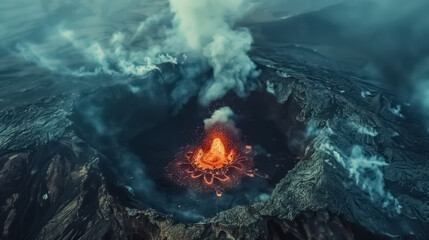 Dramatic volcanic eruption, view of volcano eruption from above