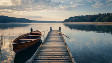 A rustic wooden pier extending into a calm lake, with a rowboat tied to its post. - obrazy, fototapety, plakaty