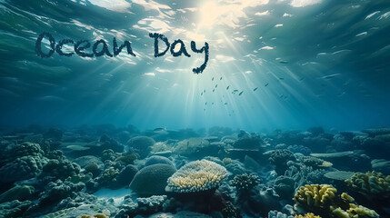 World Oceans day banner. 
World Ocean day wallpaper with blue ocean, fish and lettering.