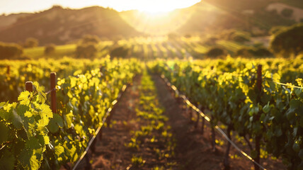 A sunlit vineyard with rows of grapevines stretching into the distance.