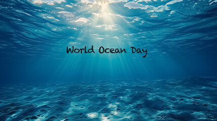 World Oceans day banner. 
World Ocean day wallpaper with blue ocean, fish and lettering. - obrazy, fototapety, plakaty