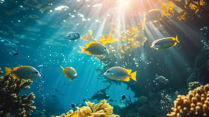 Group of colorful fishes and marine animals with colorful corals underwater in the ocean. 