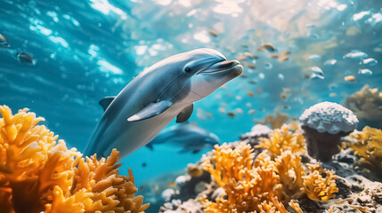 Dolphins with group of colorful fishes and marine animals with colorful corals underwater in the...