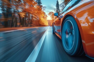 Energetic scene of a red sports car with motion blur as it accelerates along a forest-lined road