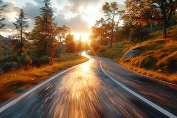 Peaceful yet invigorating picture of a winding road bathed in sunset light, surrounded by lush nature