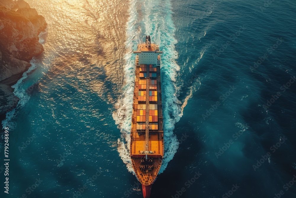 Poster An aerial view of a large cargo ship sailing near the coast with its wake creating a pattern in the water