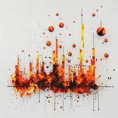 A playful yet dark depiction of a business graph with each point represented by fireballs, signifying failure, white background