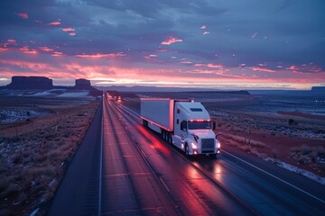 A semi-truck drives along a desolate highway during twilight, with a dramatic sky as a backdrop - obrazy, fototapety, plakaty