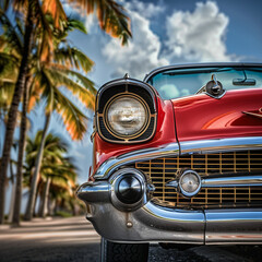 Vintage Classic Car Under Palm Trees in Tropical Locale