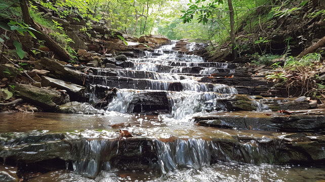 Crystal-clear Water Cascading Down A Series Of Rocky Steps In A Secluded Forest Stream.