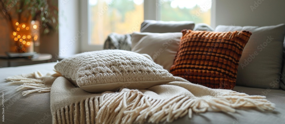 Poster a close-up view of a cozy blanket spread over a comfortable sofa with soft pillows placed neatly