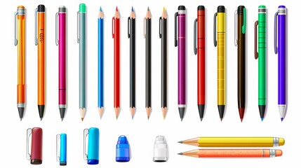 Big set of colored engineering and office pens and pencils, vector illustration, isolated on white background - obrazy, fototapety, plakaty
