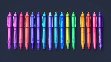 Bright marker pens set in a realistic vector illustration. 3D isolated cliparts pack for kids and artists' pencils. Kids vivid painting tools, various color palette.  - obrazy, fototapety, plakaty