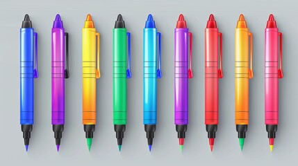 Bright marker pens set in a realistic vector illustration. 3D isolated cliparts pack for kids and artists' pencils. Kids vivid painting tools, various color palette. 
