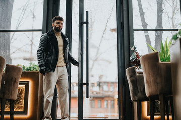 A confident young man in a leather jacket and beige trousers stands by the door inside a chic cafe, exuding urban style and casual elegance.