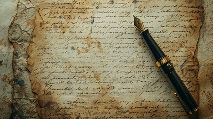 Handwritten letter in vintage fountain pen. Background in old history. Retro style. 