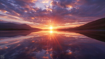 A mesmerizing sunset reflecting on the glassy surface of a calm lake.