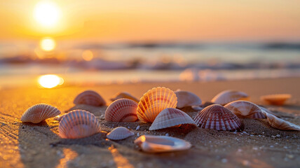 Sun-kissed seashells scattered on a sandy beach at sunset. - obrazy, fototapety, plakaty