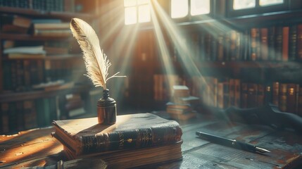 Vintage quill pen, books, and inkwell on a wooden desk in an old office with light beams and a bookcase in the background. conceptual foundation for subjects in literature, education, and history. - 779250029