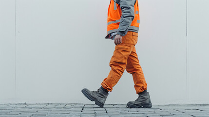 Worker Walking in Safety Gear and Orange Pants