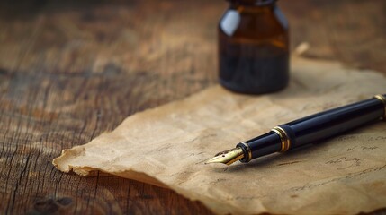 Close-up of a fountain pen being used to write on vintage parchment next to an inkwell at a wooden table - obrazy, fototapety, plakaty