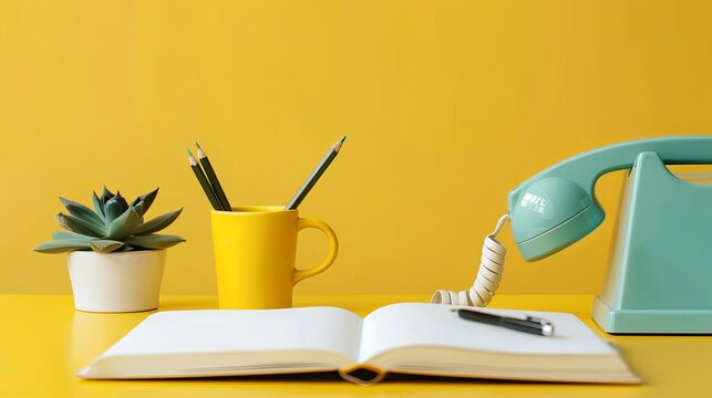Workspace of opened copybook near cup of pencil and pen with handset off hook of retro stationary telephone against yellow background