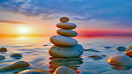 Zen stones on the beach, ai generated.