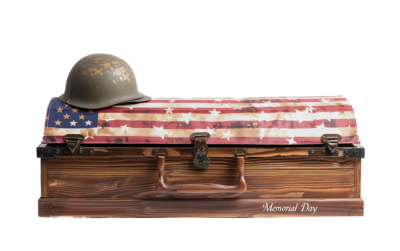 Fallen Soldier Tribute Flag Draped Casket and Helmet Isolated on Transparent Background PNG.